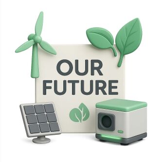  در این تصویر نمادهای انرژی پاک شامل پنل خورشیدی، توربین بادی و برگ‌های سبز همراه با عبارت Our Future نمایش داده شده‌اند که نشانگر تعهد شرکت نسیم خُرّم پایدار به توسعه پایدار و محیط زیست است.